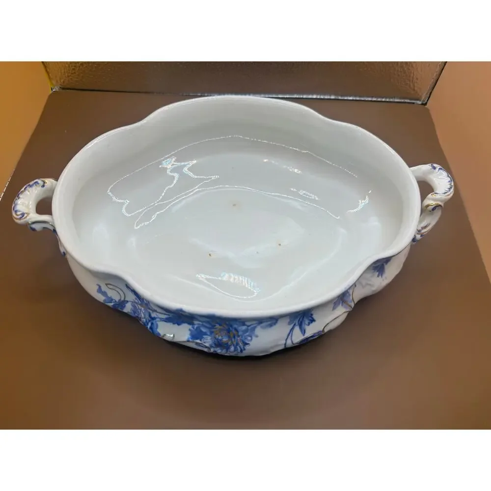 Antique Ridgways England Blue Floral Gold Covered Tureen Serving Dish 9 Inch